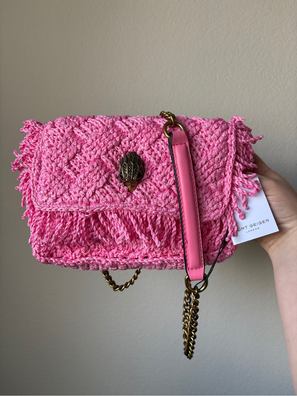 Kurt Geiger London Kensington pink crochet crossbody bag, new